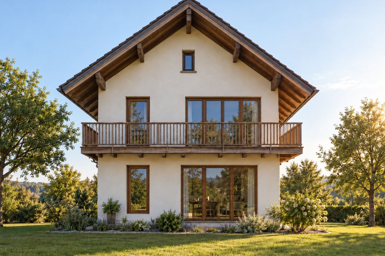 Musterhaus: Einfamilienhaus mit Satteldach und Holzbalkon